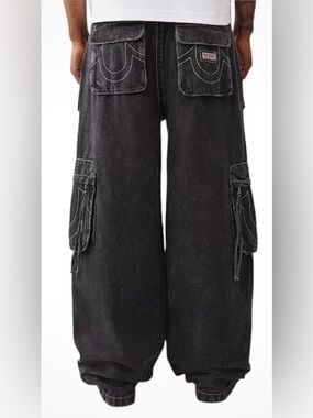 True religion Mens Wide Leg Black Cargo Jeans with Contrast Stitching size 32